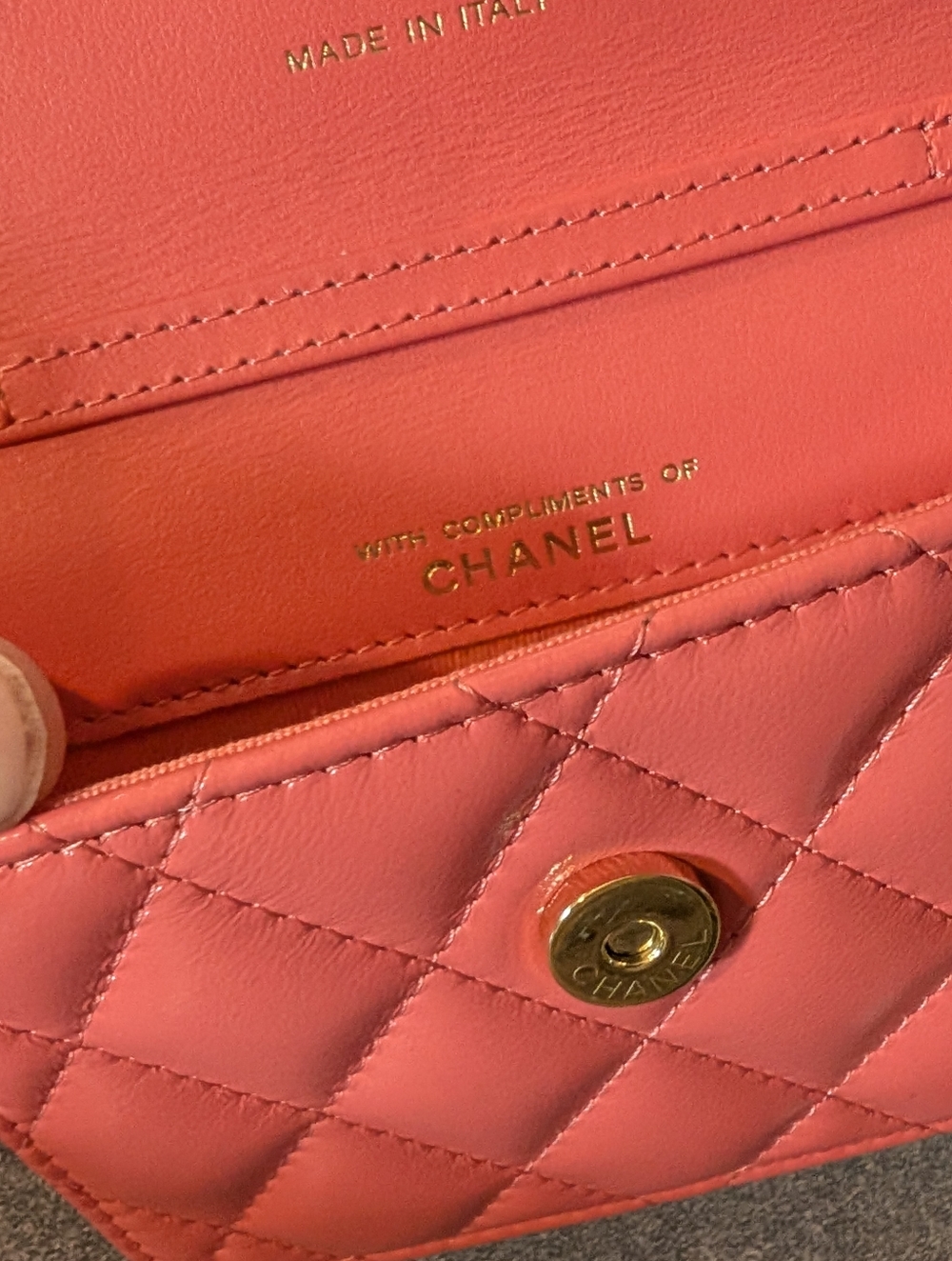 CHANEL Coral Pink Quilted Mini Bag / Wallet on Chain with Gold Hardware - Picture 6 of 16